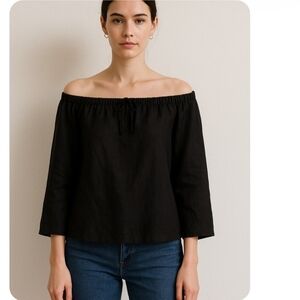 A.P.C. Black Cotton Linen Gathered Peasant Top Size Small